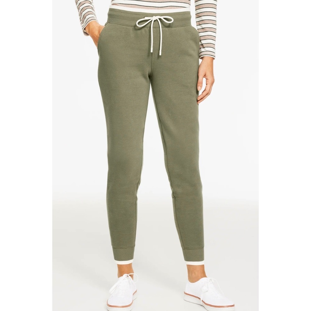 T by Talbots Olive Green Cozy Fleece Jogger Sweatpants Ivory Trim 1X ID2726